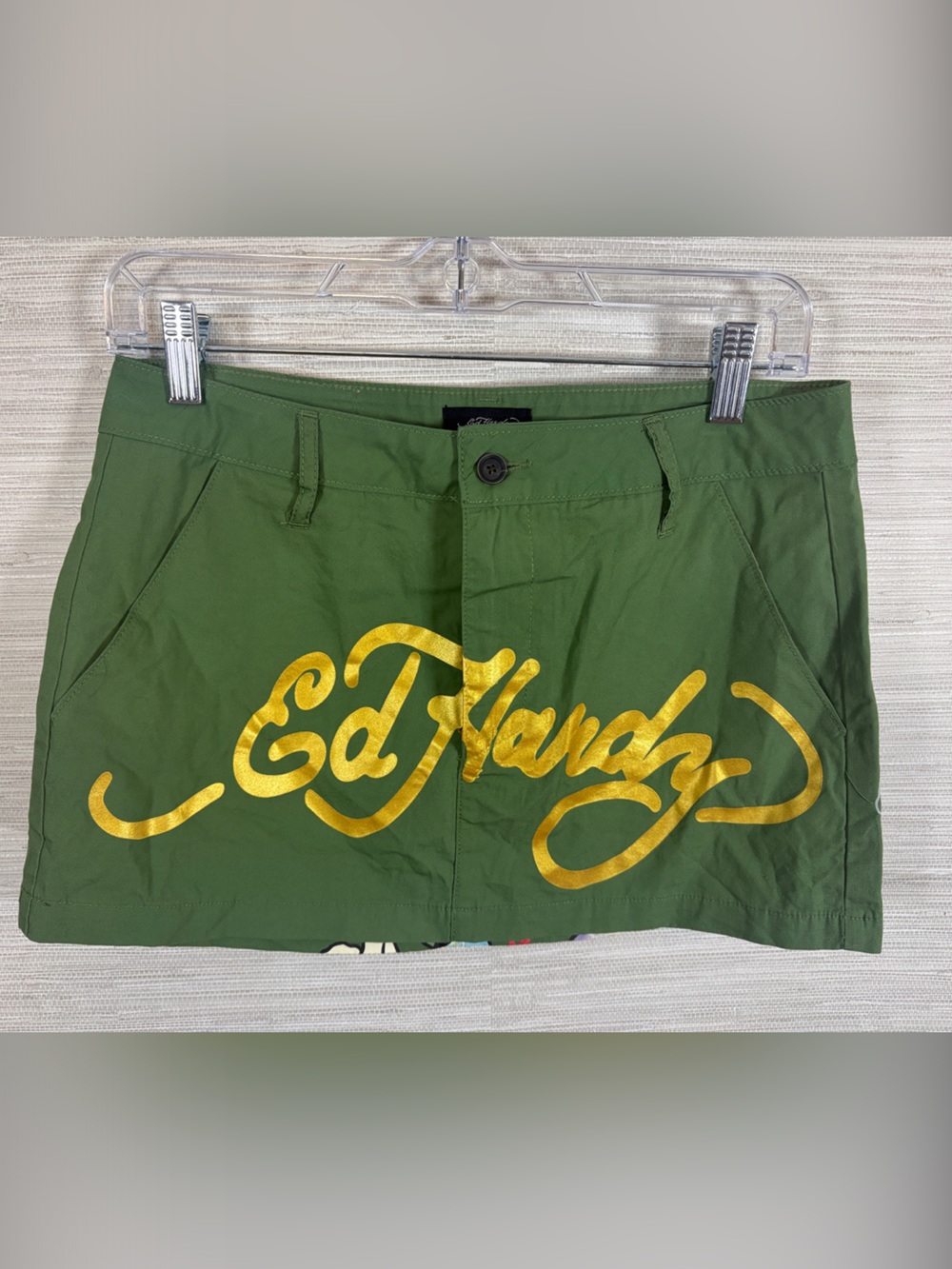 Ed Hardy Olive Green Cargo Shorts with Gold Script Love Kills Slowly